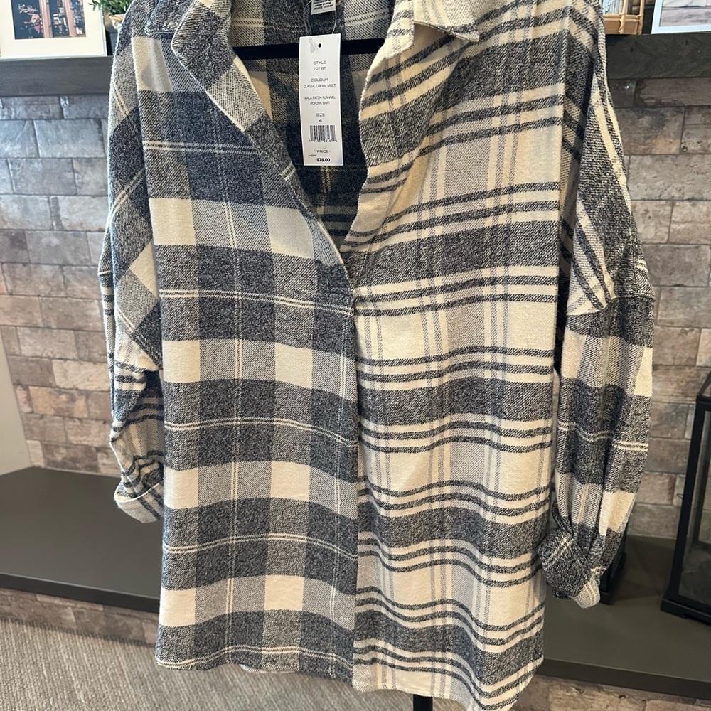 French Connection Plaid Top in Gray and Cream